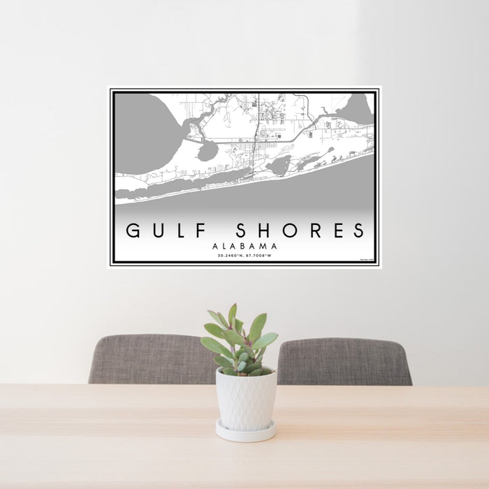 24x36 Gulf Shores Alabama Map Print Lanscape Orientation in Classic Style Behind 2 Chairs Table and Potted Plant
