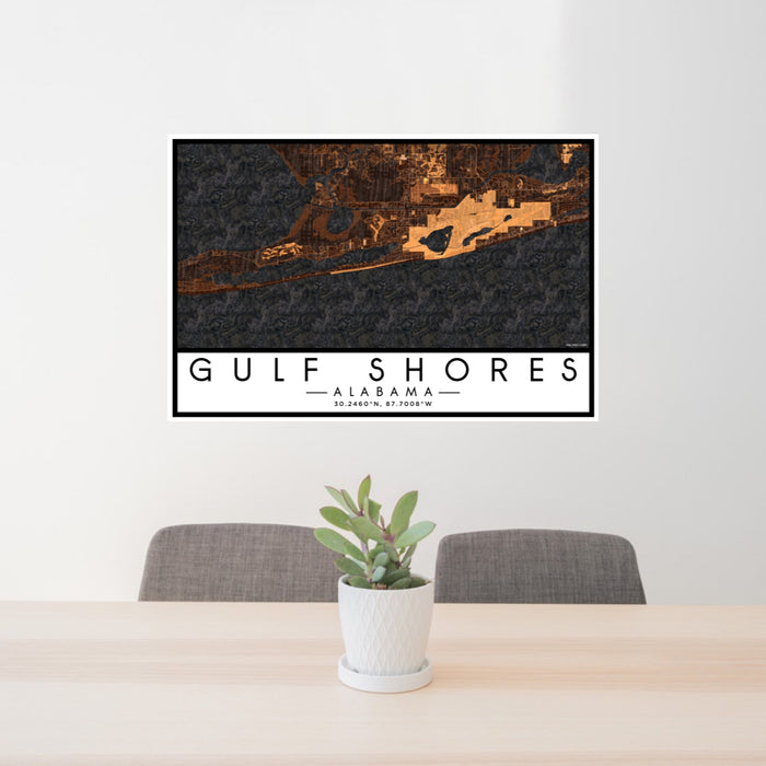 24x36 Gulf Shores Alabama Map Print Lanscape Orientation in Ember Style Behind 2 Chairs Table and Potted Plant