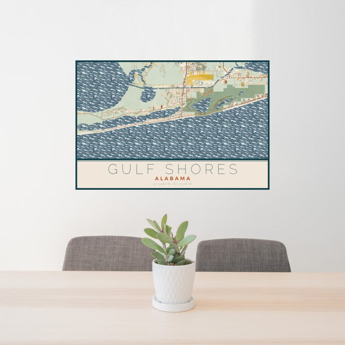 24x36 Gulf Shores Alabama Map Print Lanscape Orientation in Woodblock Style Behind 2 Chairs Table and Potted Plant