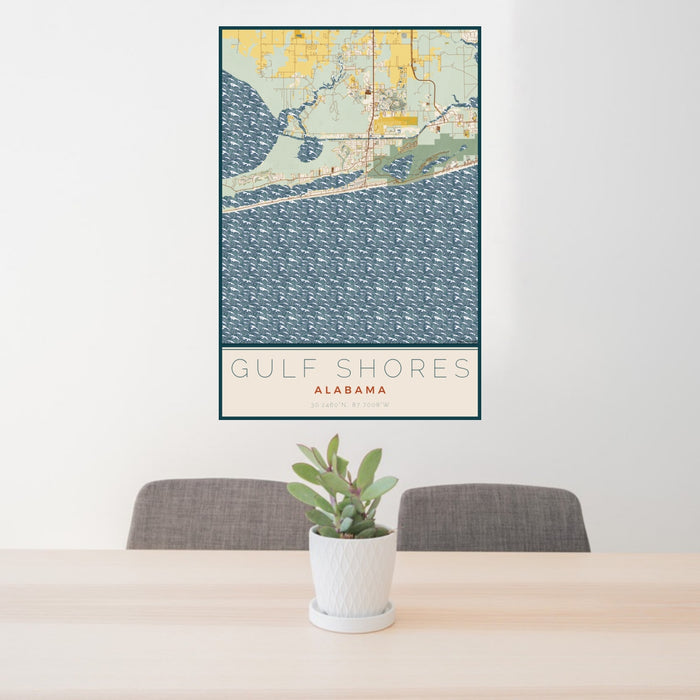 24x36 Gulf Shores Alabama Map Print Portrait Orientation in Woodblock Style Behind 2 Chairs Table and Potted Plant