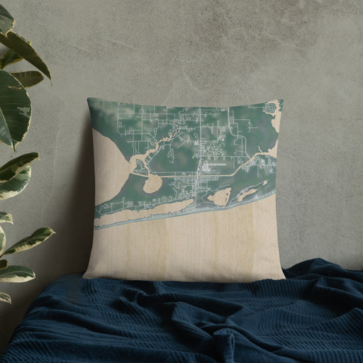 Custom Gulf Shores Alabama Map Throw Pillow in Afternoon on Bedding Against Wall