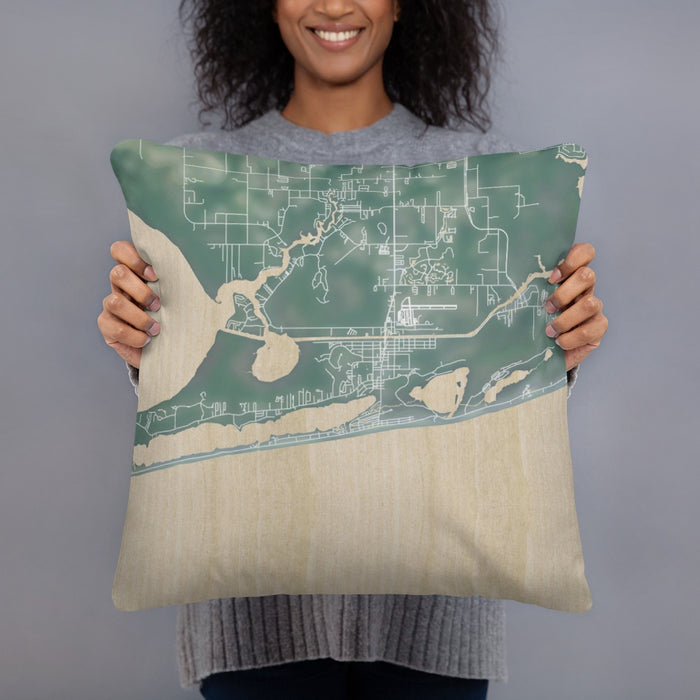 Person holding 18x18 Custom Gulf Shores Alabama Map Throw Pillow in Afternoon