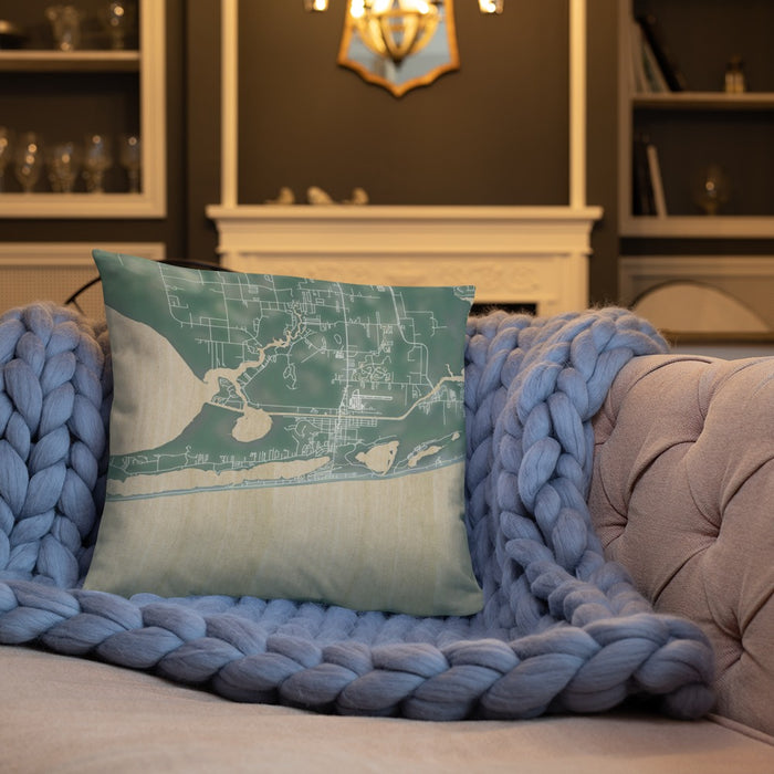 Custom Gulf Shores Alabama Map Throw Pillow in Afternoon on Cream Colored Couch
