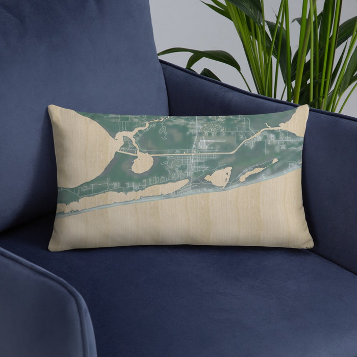 Custom Gulf Shores Alabama Map Throw Pillow in Afternoon on Blue Colored Chair