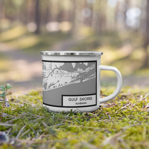 Right View Custom Gulf Shores Alabama Map Enamel Mug in Classic on Grass With Trees in Background