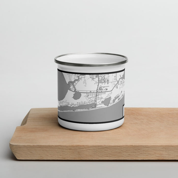 Front View Custom Gulf Shores Alabama Map Enamel Mug in Classic on Cutting Board