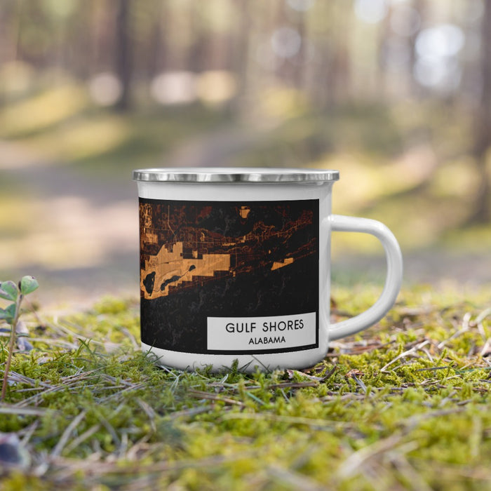 Right View Custom Gulf Shores Alabama Map Enamel Mug in Ember on Grass With Trees in Background