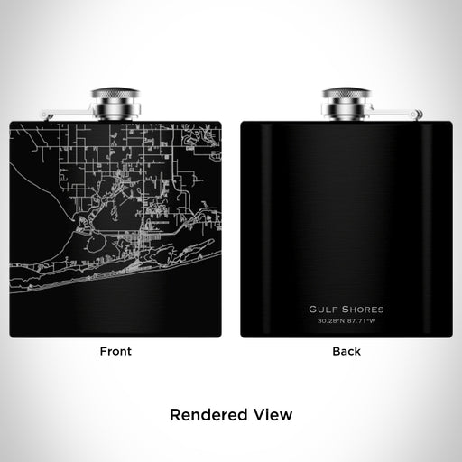 Rendered View of Gulf Shores Alabama Map Engraving on 6oz Stainless Steel Flask in Black