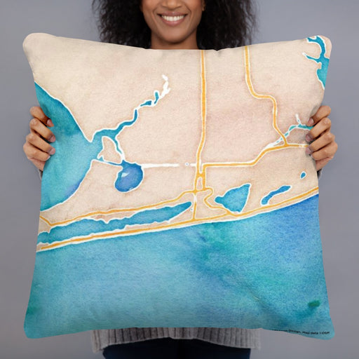 Person holding 22x22 Custom Gulf Shores Alabama Map Throw Pillow in Watercolor
