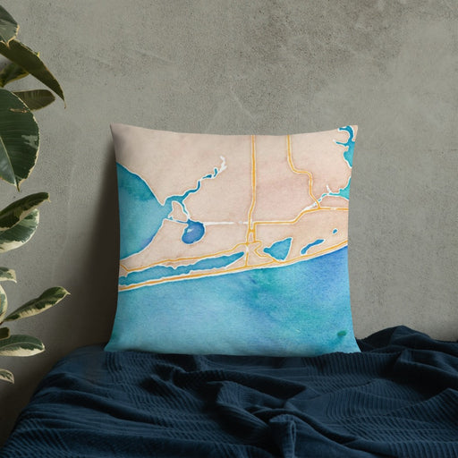 Custom Gulf Shores Alabama Map Throw Pillow in Watercolor on Bedding Against Wall