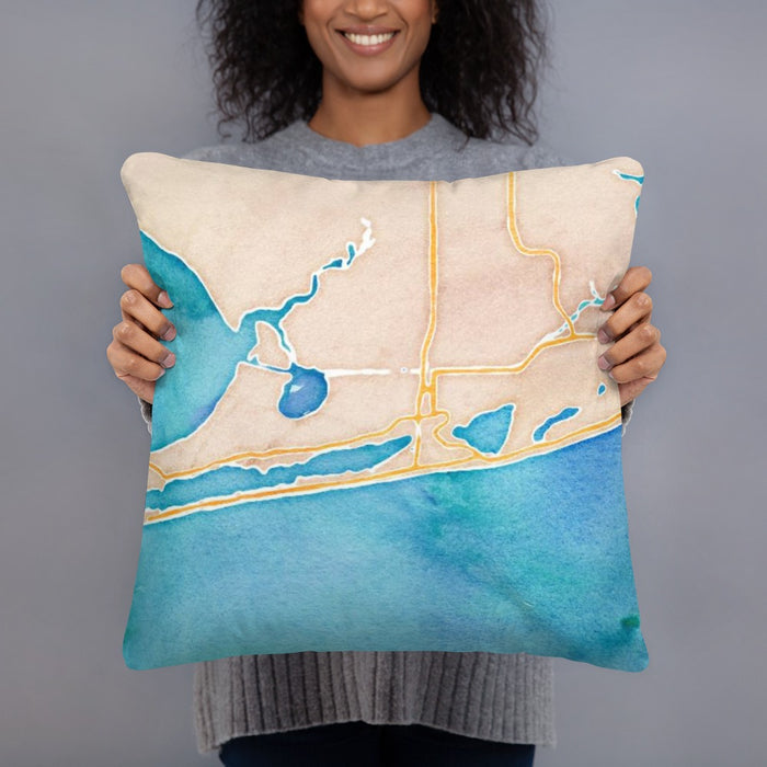 Person holding 18x18 Custom Gulf Shores Alabama Map Throw Pillow in Watercolor
