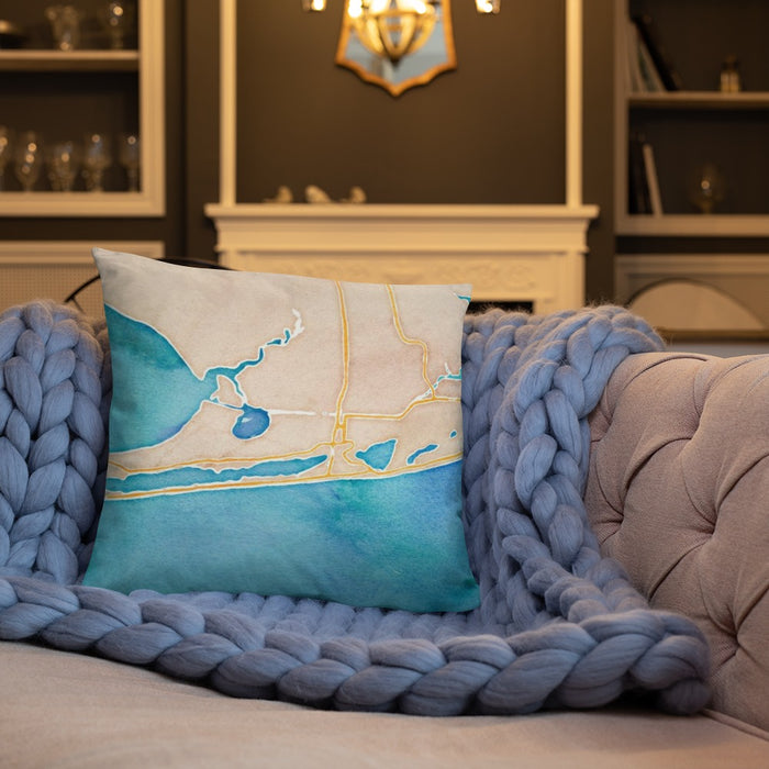 Custom Gulf Shores Alabama Map Throw Pillow in Watercolor on Cream Colored Couch