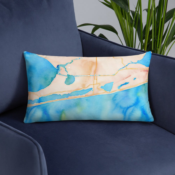 Custom Gulf Shores Alabama Map Throw Pillow in Watercolor on Blue Colored Chair