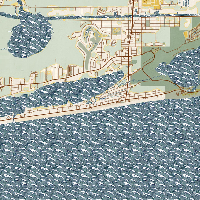 Gulf Shores Alabama Map Print in Woodblock Style Zoomed In Close Up Showing Details