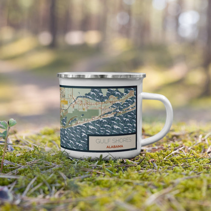 Right View Custom Gulf Shores Alabama Map Enamel Mug in Woodblock on Grass With Trees in Background