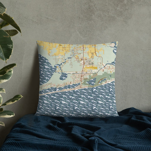 Custom Gulf Shores Alabama Map Throw Pillow in Woodblock on Bedding Against Wall