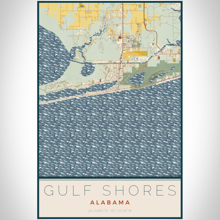 Gulf Shores Alabama Map Print Portrait Orientation in Woodblock Style With Shaded Background