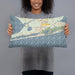 Person holding 20x12 Custom Gulf Shores Alabama Map Throw Pillow in Woodblock