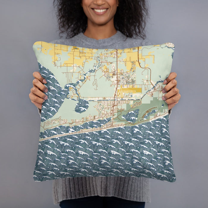 Person holding 18x18 Custom Gulf Shores Alabama Map Throw Pillow in Woodblock