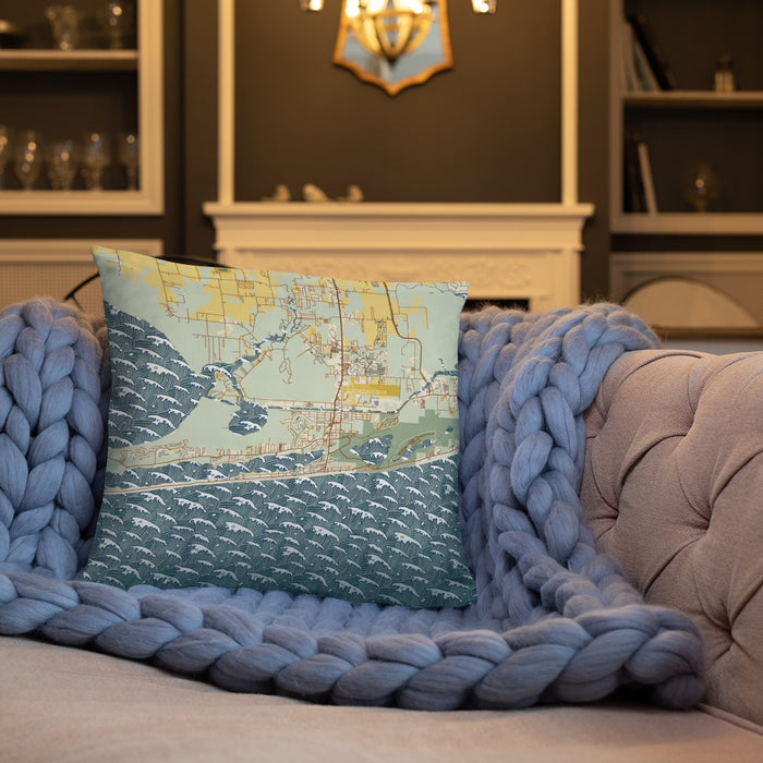 Custom Gulf Shores Alabama Map Throw Pillow in Woodblock on Cream Colored Couch