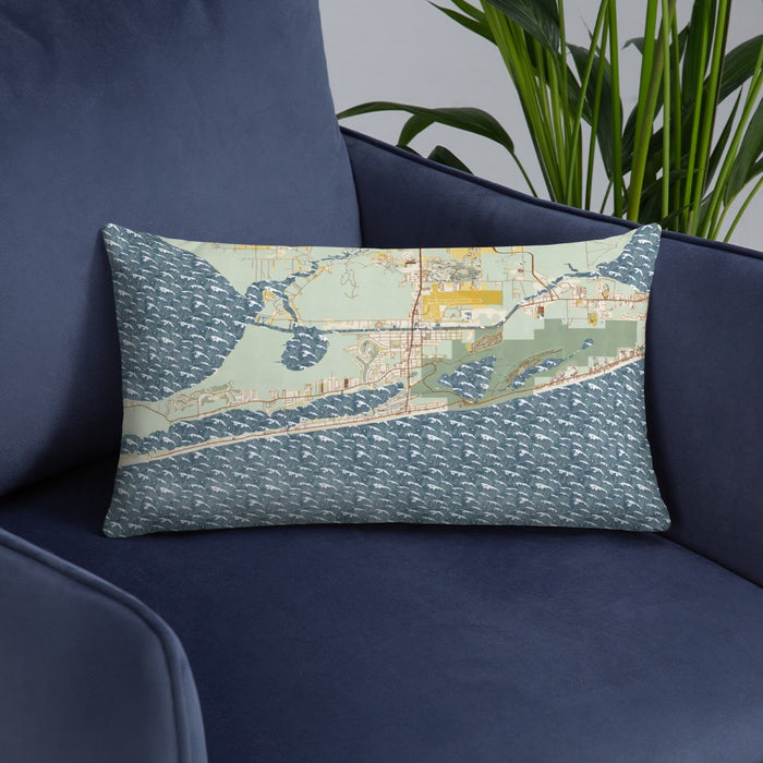 Custom Gulf Shores Alabama Map Throw Pillow in Woodblock on Blue Colored Chair