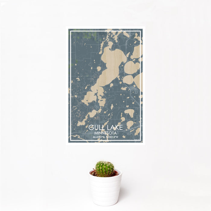 12x18 Gull Lake Minnesota Map Print Portrait Orientation in Afternoon Style With Small Cactus Plant in White Planter