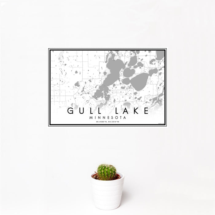 12x18 Gull Lake Minnesota Map Print Landscape Orientation in Classic Style With Small Cactus Plant in White Planter