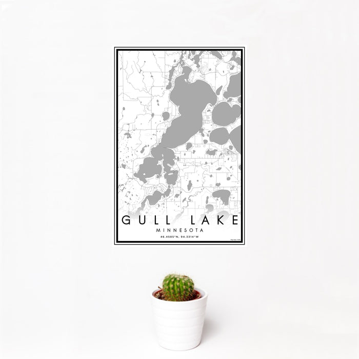 12x18 Gull Lake Minnesota Map Print Portrait Orientation in Classic Style With Small Cactus Plant in White Planter