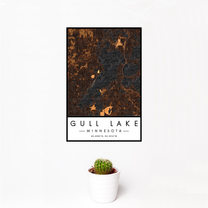 12x18 Gull Lake Minnesota Map Print Portrait Orientation in Ember Style With Small Cactus Plant in White Planter