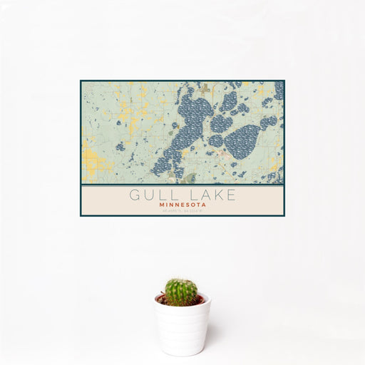 12x18 Gull Lake Minnesota Map Print Landscape Orientation in Woodblock Style With Small Cactus Plant in White Planter