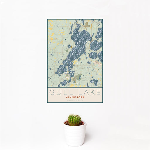 12x18 Gull Lake Minnesota Map Print Portrait Orientation in Woodblock Style With Small Cactus Plant in White Planter
