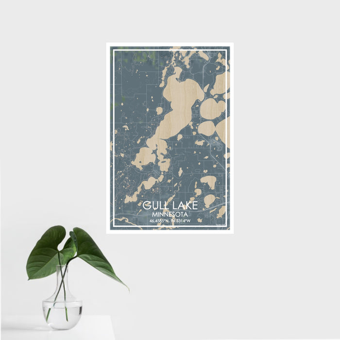 16x24 Gull Lake Minnesota Map Print Portrait Orientation in Afternoon Style With Tropical Plant Leaves in Water