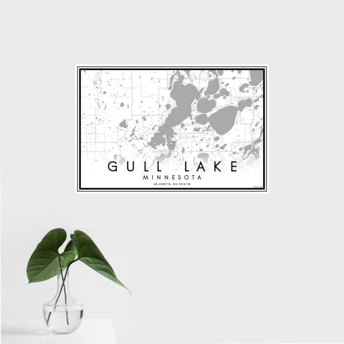 16x24 Gull Lake Minnesota Map Print Landscape Orientation in Classic Style With Tropical Plant Leaves in Water