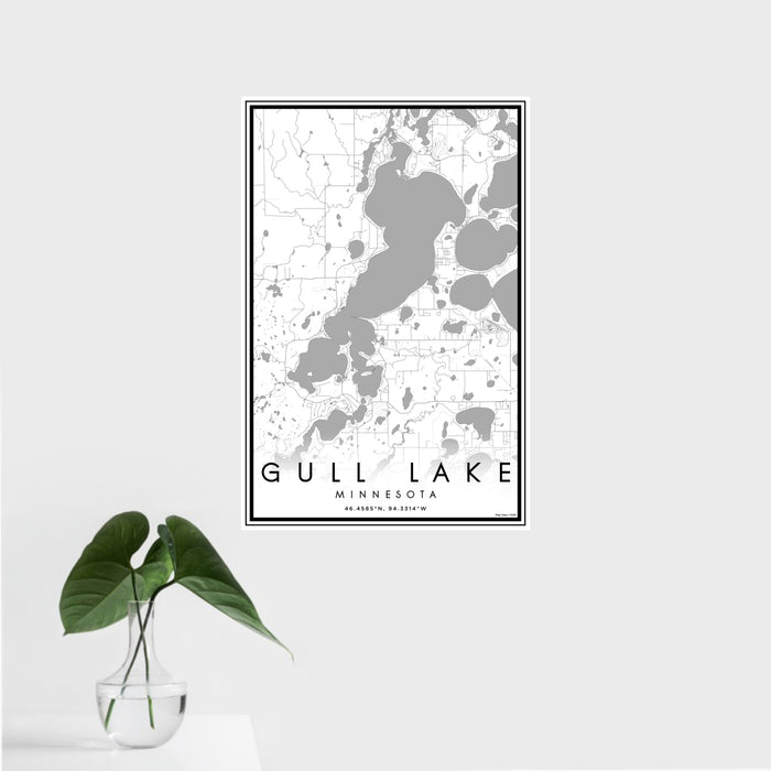 16x24 Gull Lake Minnesota Map Print Portrait Orientation in Classic Style With Tropical Plant Leaves in Water