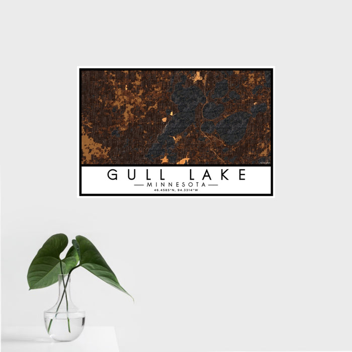 16x24 Gull Lake Minnesota Map Print Landscape Orientation in Ember Style With Tropical Plant Leaves in Water