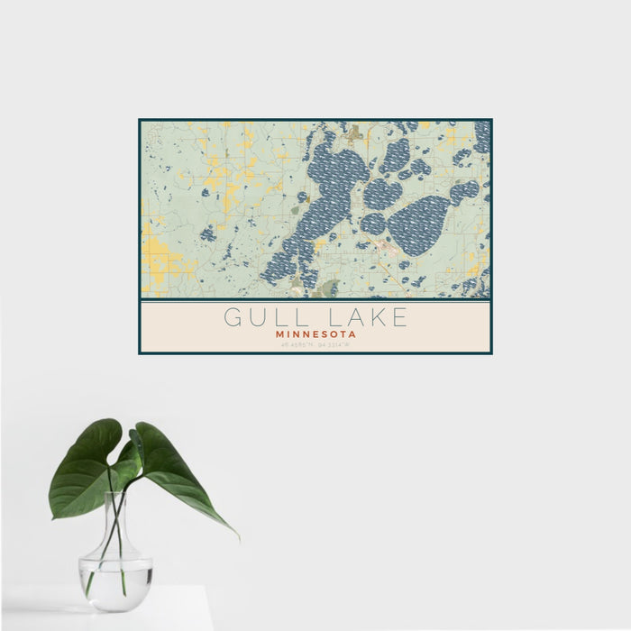 16x24 Gull Lake Minnesota Map Print Landscape Orientation in Woodblock Style With Tropical Plant Leaves in Water