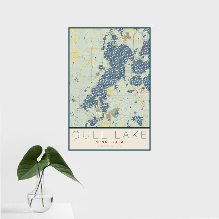 16x24 Gull Lake Minnesota Map Print Portrait Orientation in Woodblock Style With Tropical Plant Leaves in Water