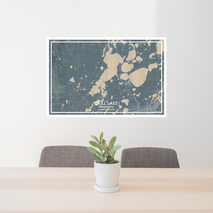 24x36 Gull Lake Minnesota Map Print Lanscape Orientation in Afternoon Style Behind 2 Chairs Table and Potted Plant