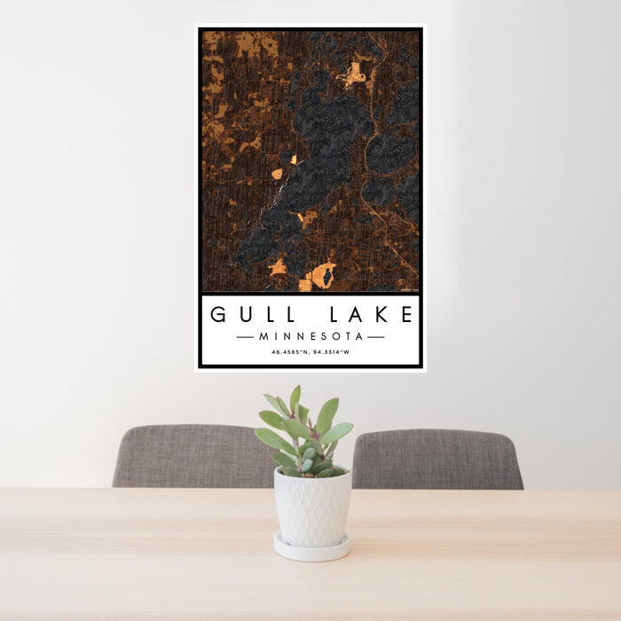 24x36 Gull Lake Minnesota Map Print Portrait Orientation in Ember Style Behind 2 Chairs Table and Potted Plant