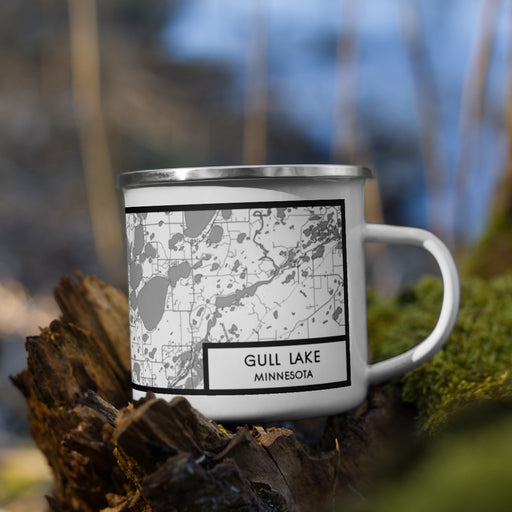 Right View Custom Gull Lake Minnesota Map Enamel Mug in Classic on Grass With Trees in Background