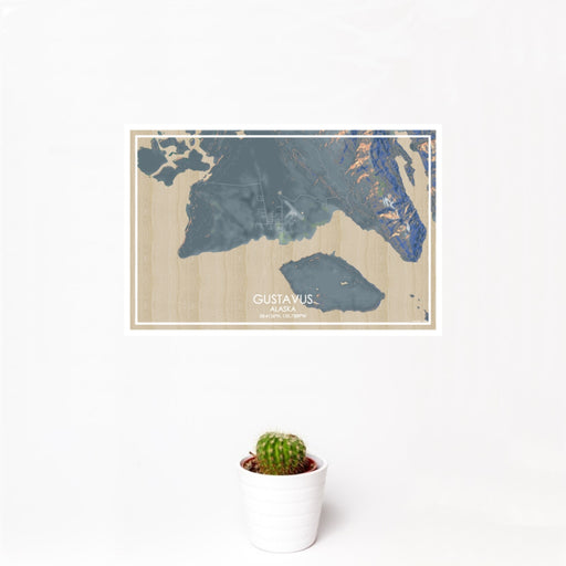 12x18 Gustavus Alaska Map Print Landscape Orientation in Afternoon Style With Small Cactus Plant in White Planter