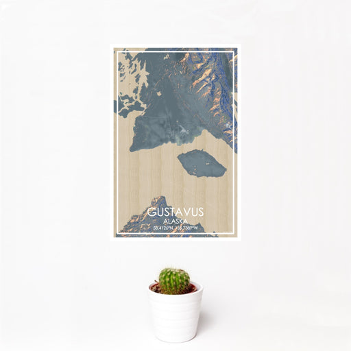 12x18 Gustavus Alaska Map Print Portrait Orientation in Afternoon Style With Small Cactus Plant in White Planter