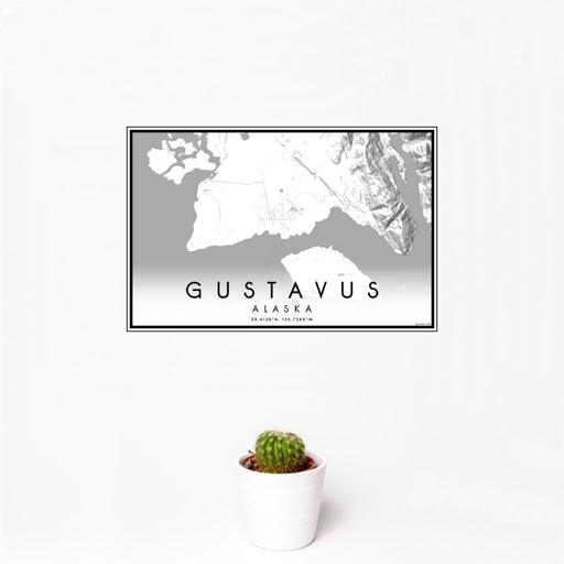 12x18 Gustavus Alaska Map Print Landscape Orientation in Classic Style With Small Cactus Plant in White Planter