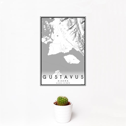 12x18 Gustavus Alaska Map Print Portrait Orientation in Classic Style With Small Cactus Plant in White Planter