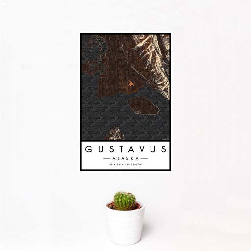 12x18 Gustavus Alaska Map Print Portrait Orientation in Ember Style With Small Cactus Plant in White Planter