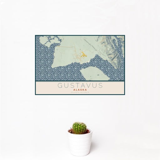 12x18 Gustavus Alaska Map Print Landscape Orientation in Woodblock Style With Small Cactus Plant in White Planter