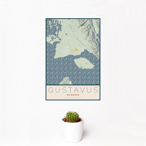 12x18 Gustavus Alaska Map Print Portrait Orientation in Woodblock Style With Small Cactus Plant in White Planter