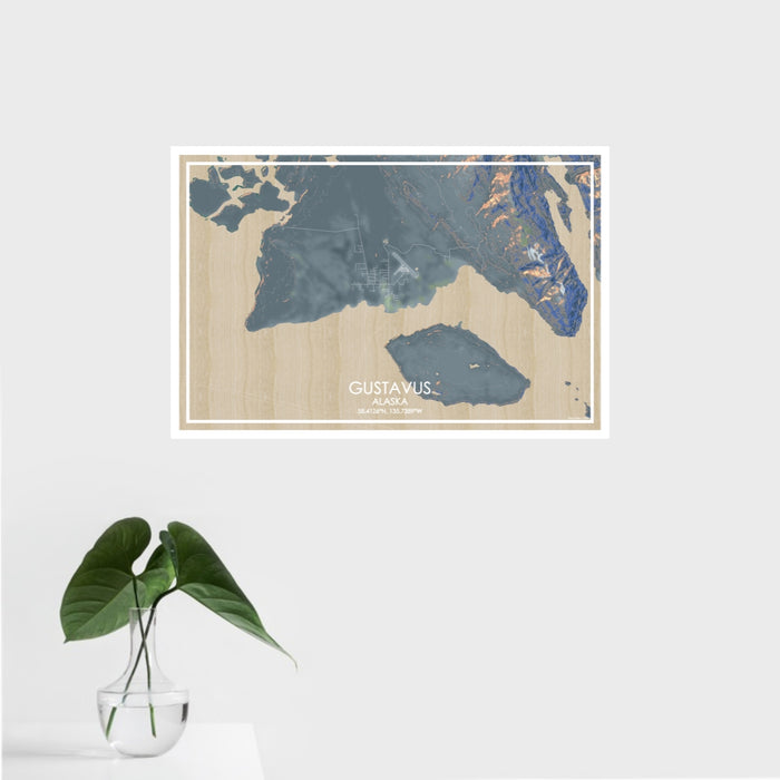 16x24 Gustavus Alaska Map Print Landscape Orientation in Afternoon Style With Tropical Plant Leaves in Water