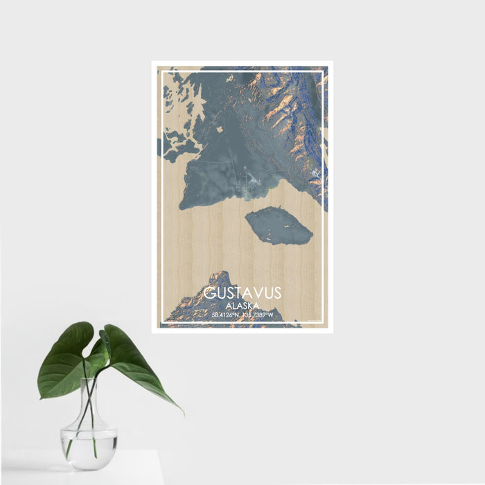 16x24 Gustavus Alaska Map Print Portrait Orientation in Afternoon Style With Tropical Plant Leaves in Water