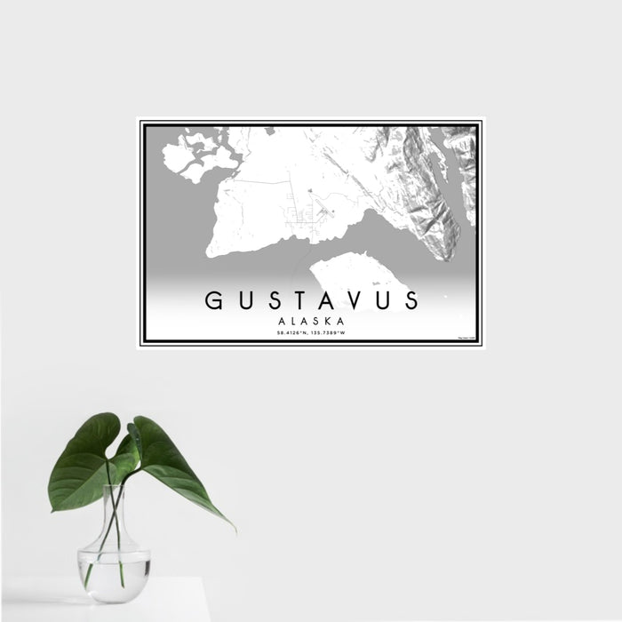 16x24 Gustavus Alaska Map Print Landscape Orientation in Classic Style With Tropical Plant Leaves in Water